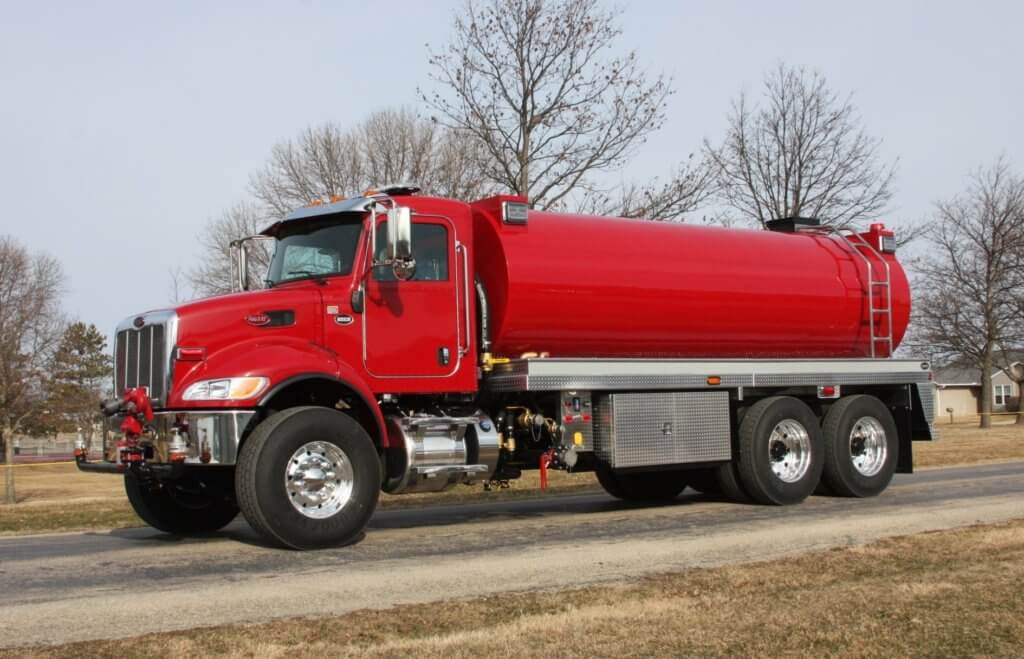 Red tanker truck with red tank facing left
